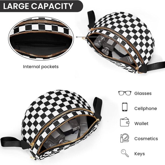 Stylish Black and White Checkered Crossbody Purse with Zipper Compartments - Picture 6 of 8